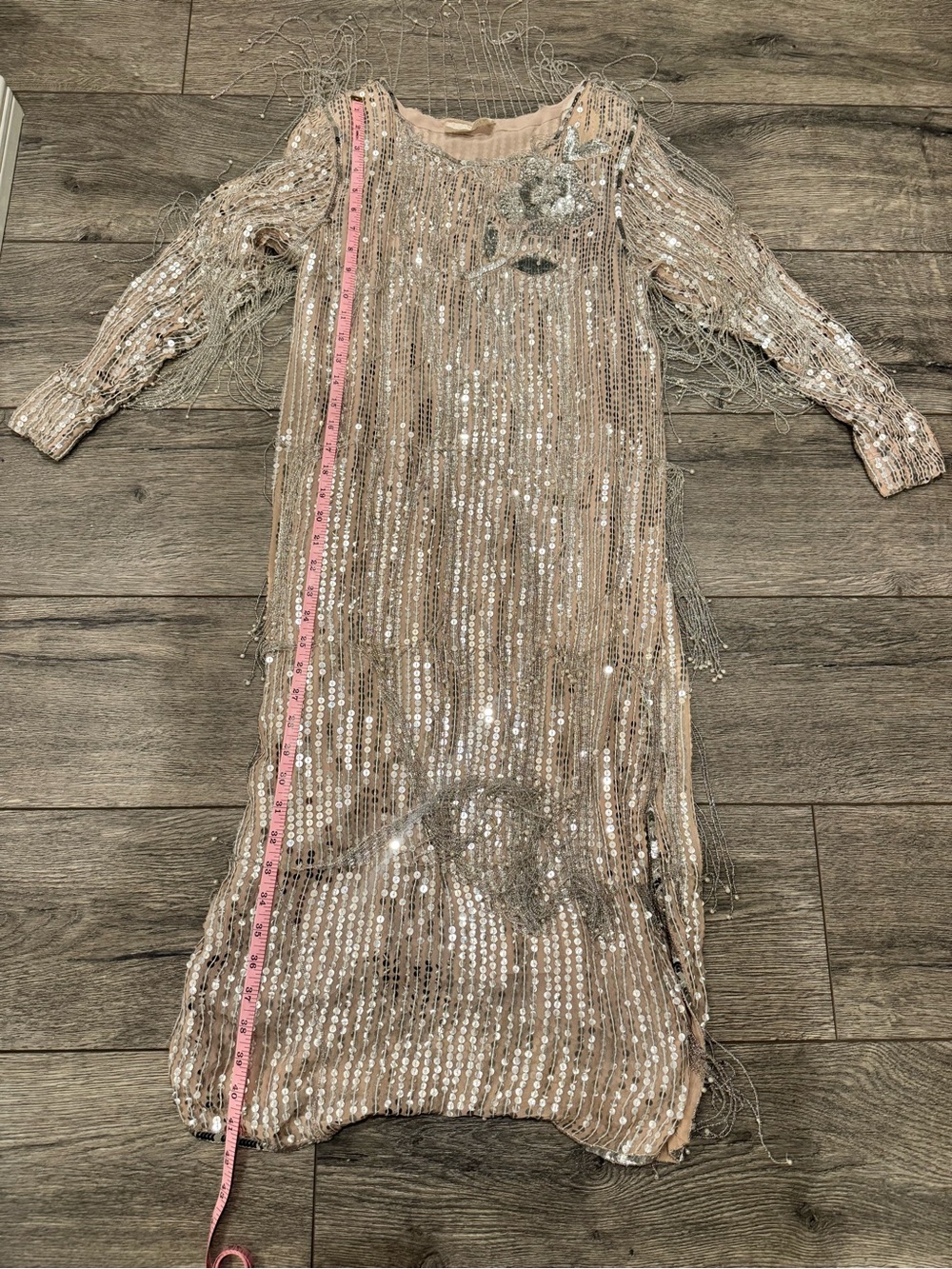 Vintage 80’s/90’s Hand Beaded 100% Silk Fringe Dress Liquid Silver Art Deco M/L